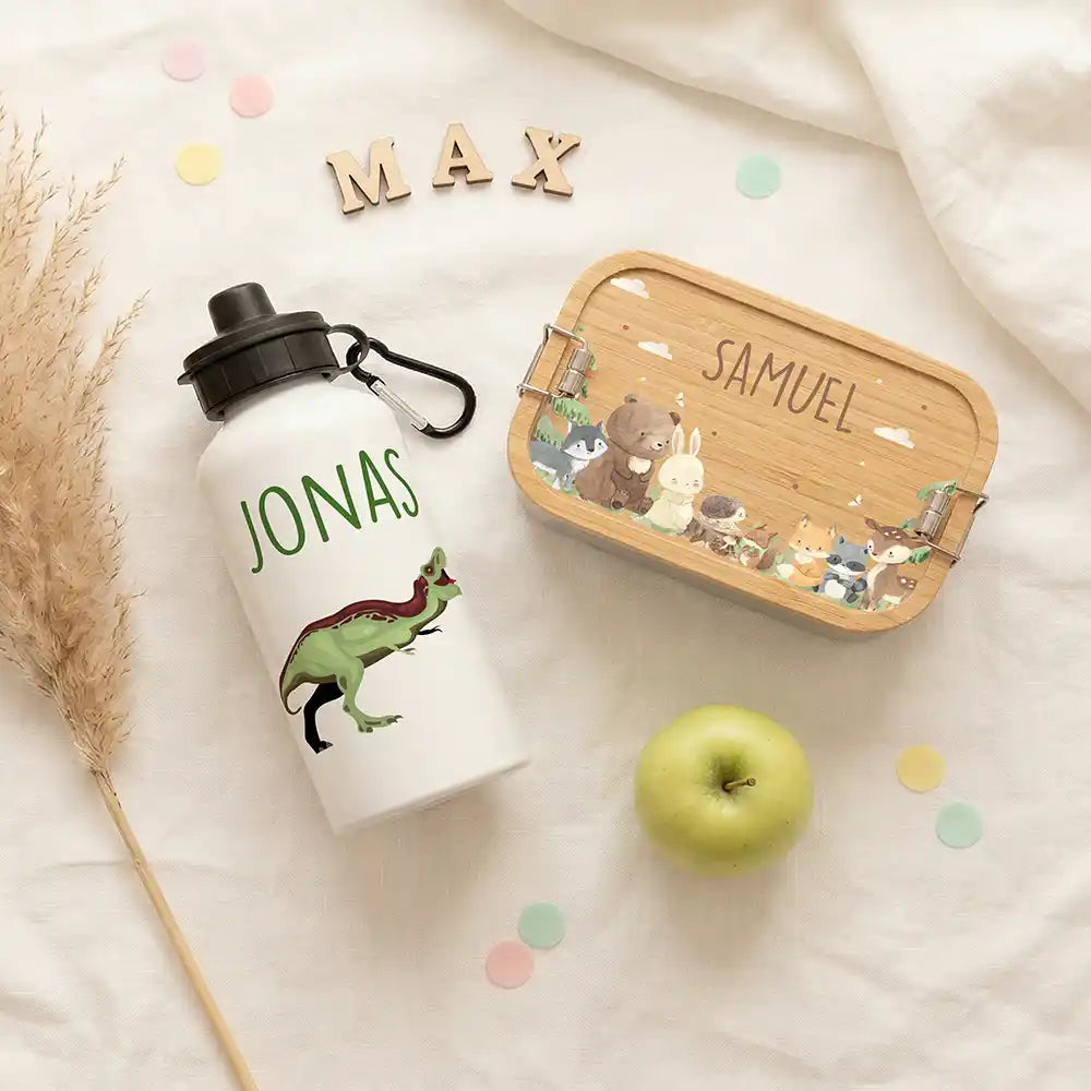 Personalisierte Trinkflasche Kinder Dino T-Rex – mit Karabiner personalisiert