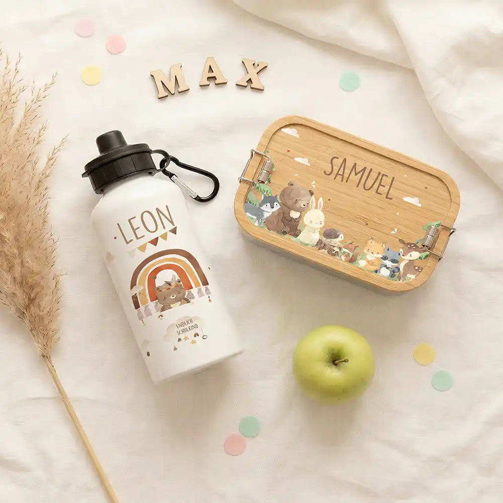 Personalisierte Trinkflasche Kinder BĂ€r Regenbogen Schulkind â mit Karabiner personalisiert