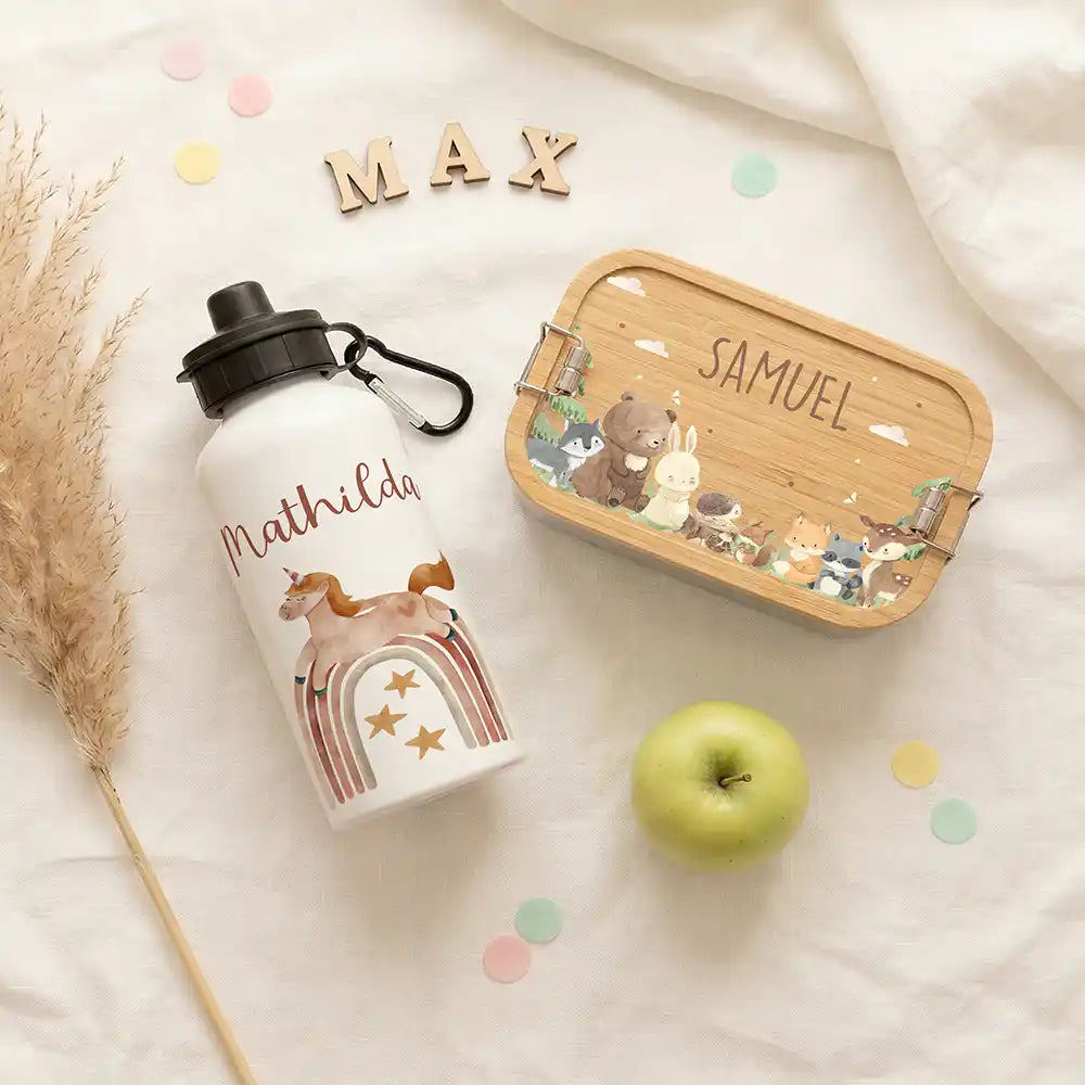 Personalisierte Trinkflasche Kinder Einhorn Boho-Regenbogen – mit Karabiner personalisiert
