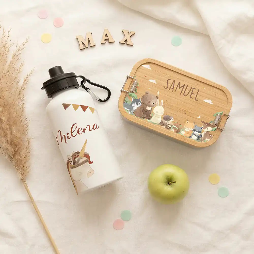 Personalisierte Trinkflasche Kinder Einhorn Indianer – mit Karabiner personalisiert