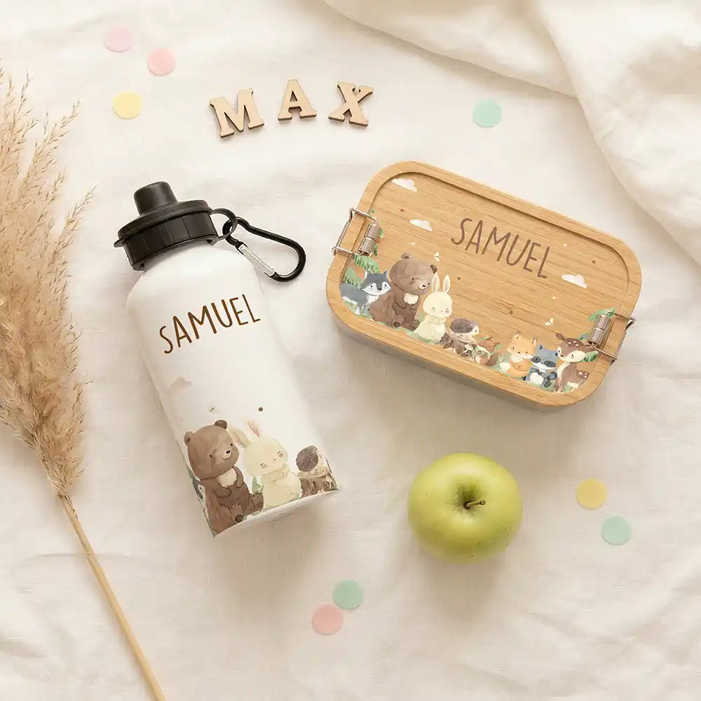 Personalisierte Trinkflasche Kinder Waldfreunde – mit Karabiner personalisiert