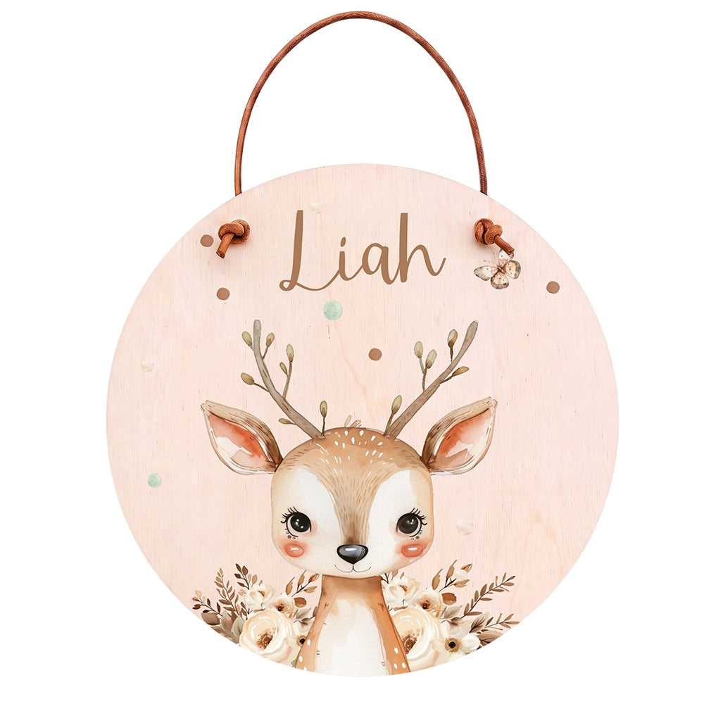 Türschild Kinderzimmer personalisiert mit Name Hirsch mit Blumen