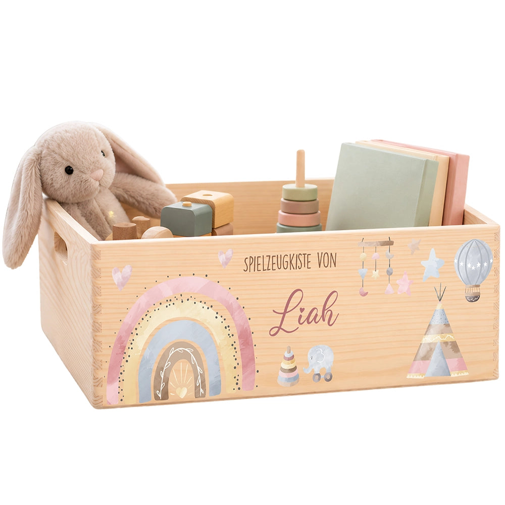 Spielzeugkiste personalisiert mit Namen - Baby Reh mit Regenbogen