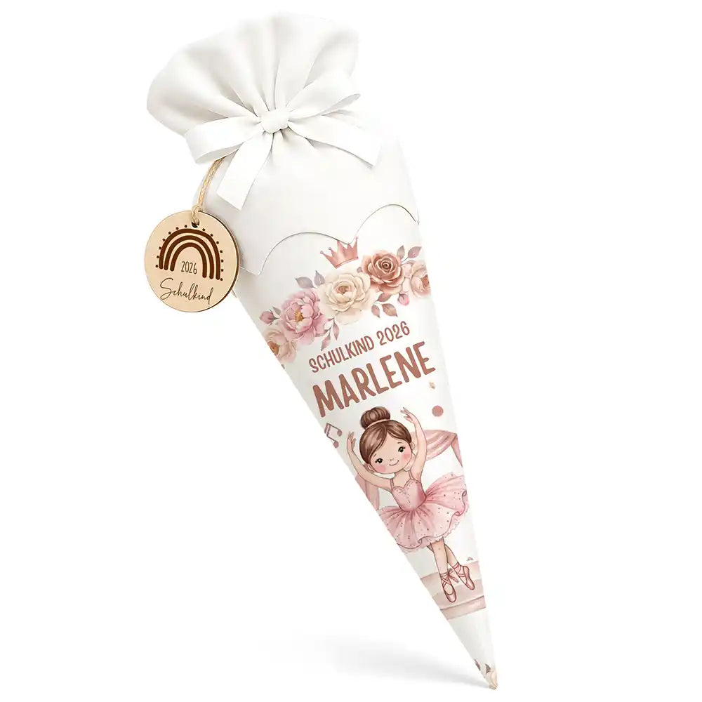 Schultüte personalisiert mit Name Ballerina mit Rosen – Hauptbild mit Holzanhänger und weißem Filzverschluss