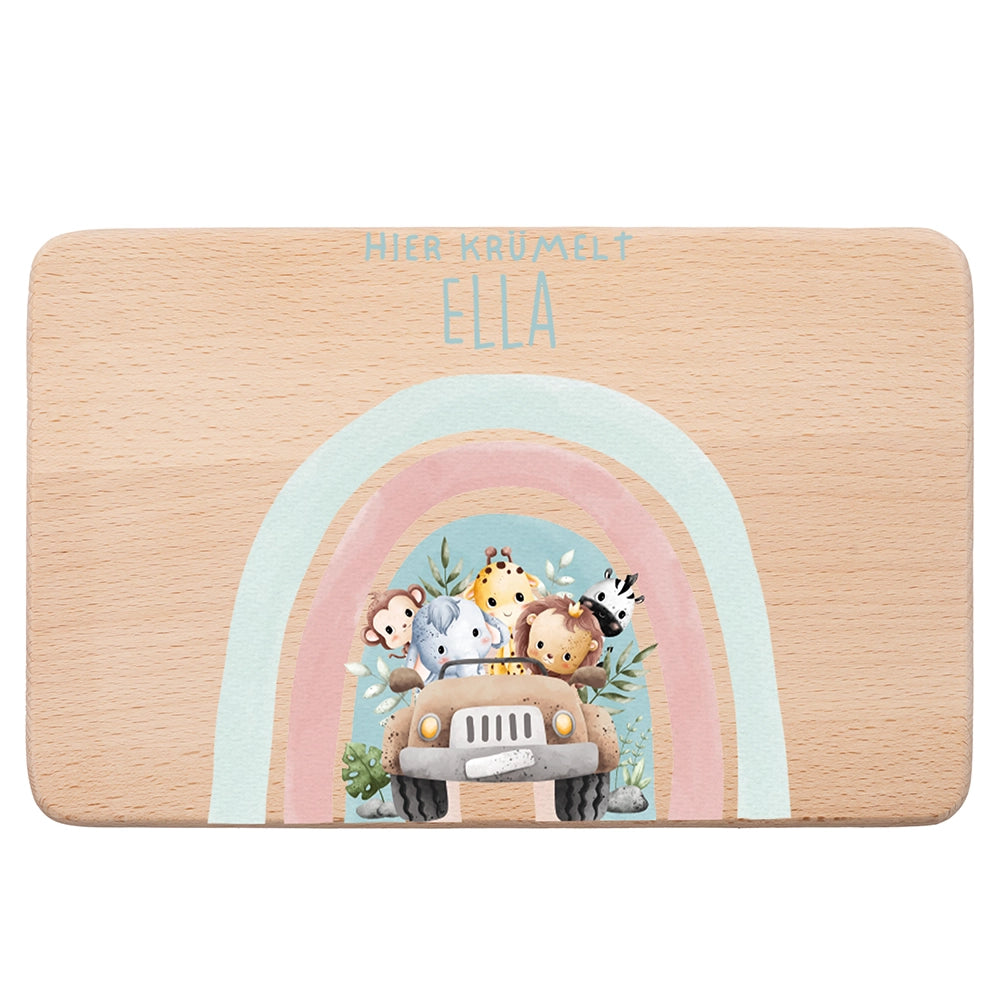 Frühstücksbrettchen Holz personalisiert - Regenbogen Safari