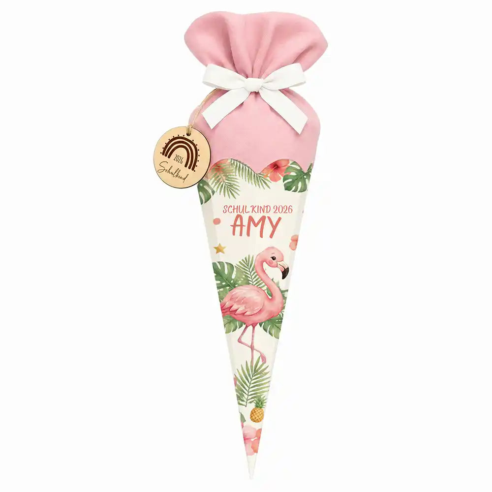 Schultüte personalisiert mit Name Flamingo Tropical – Frontansicht mit Schleife und Wunschname