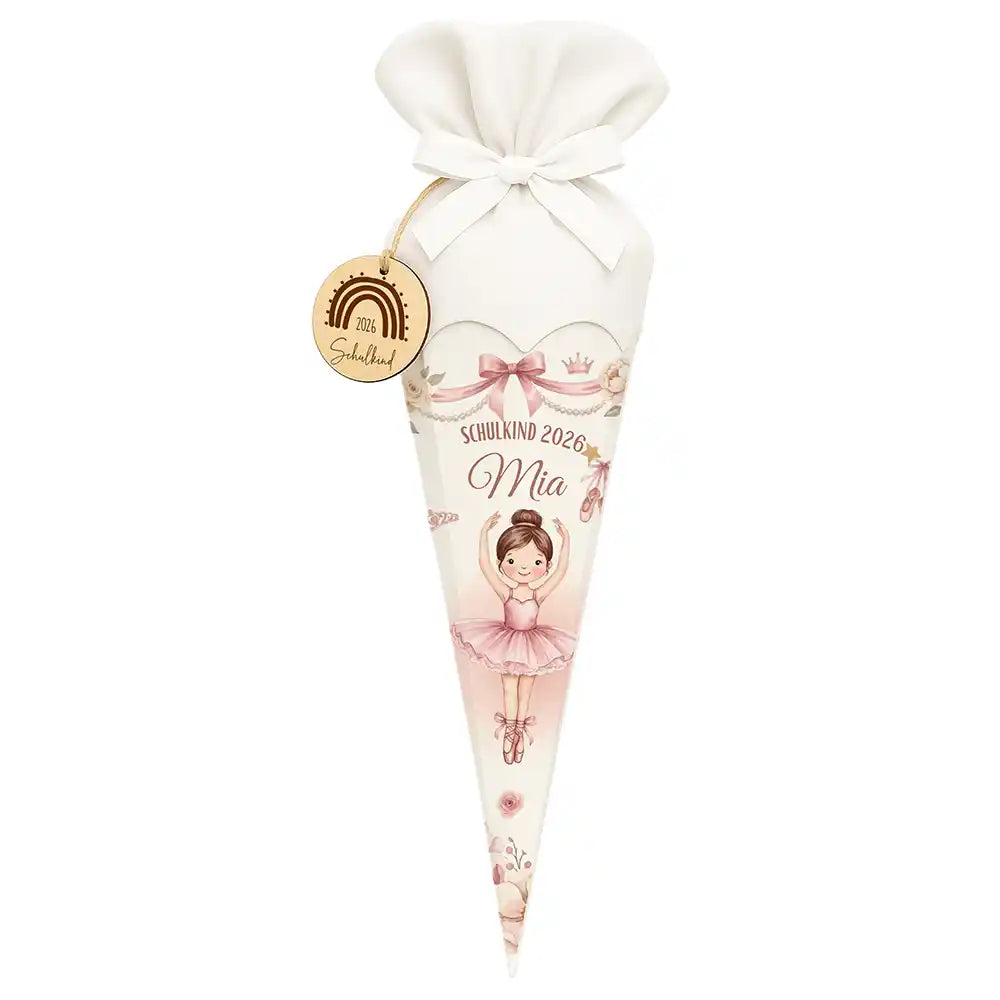 Schultüte personalisiert mit Name Ballerina mit Krone – Frontansicht mit Schleife und Wunschname