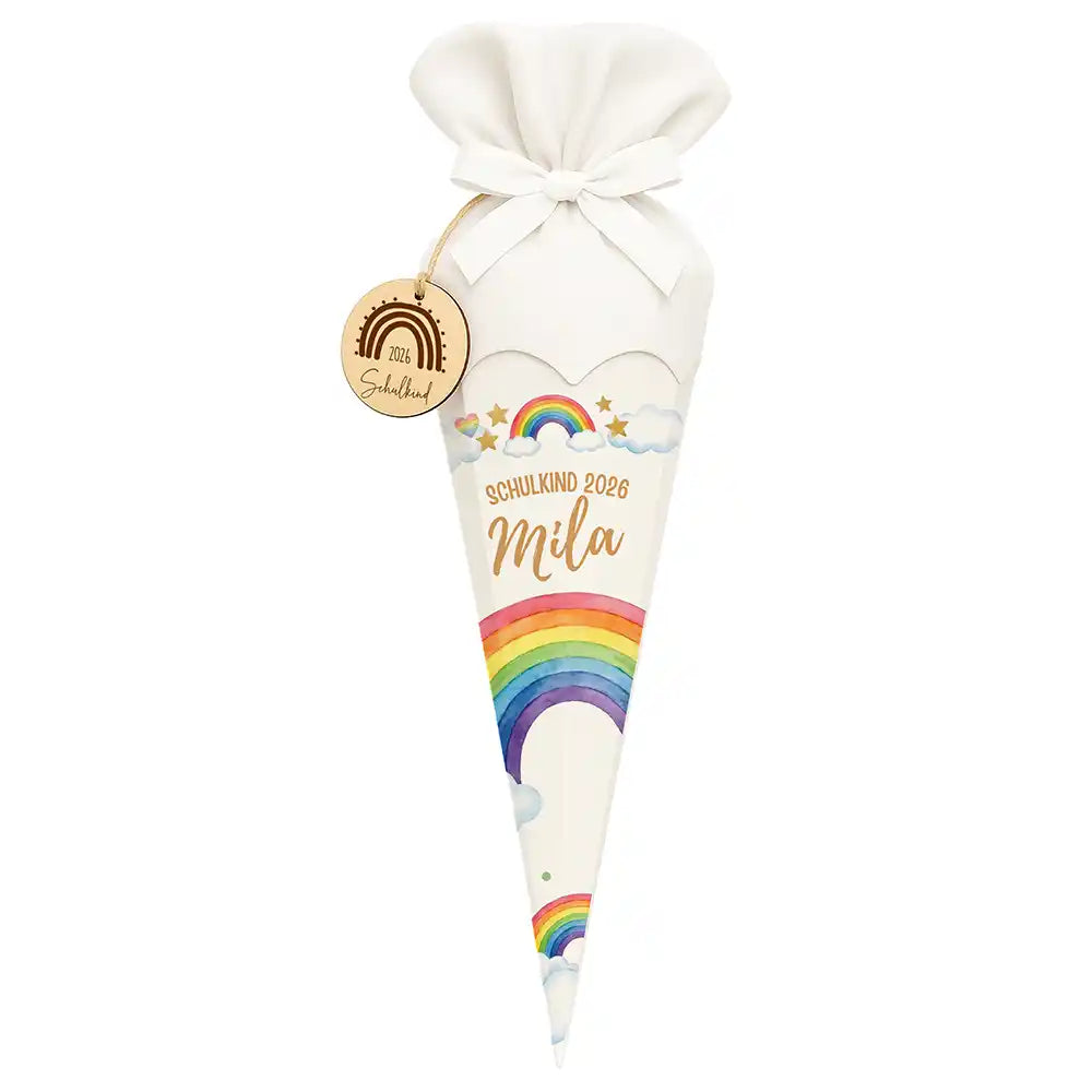 Schultüte personalisiert mit Name Regenbogen Pastell – Frontansicht mit Schleife und Wunschname