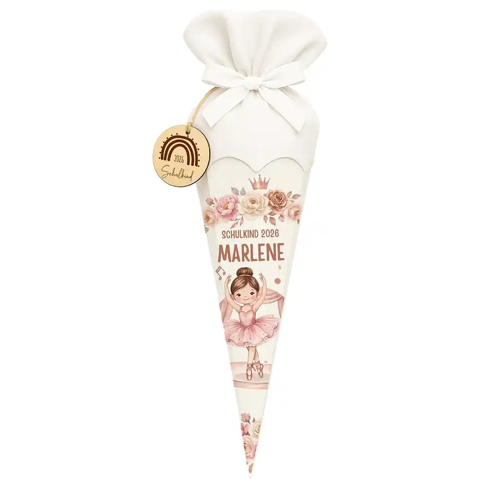 Schultüte personalisiert mit Name Ballerina mit Rosen – Frontansicht mit Schleife und Wunschname