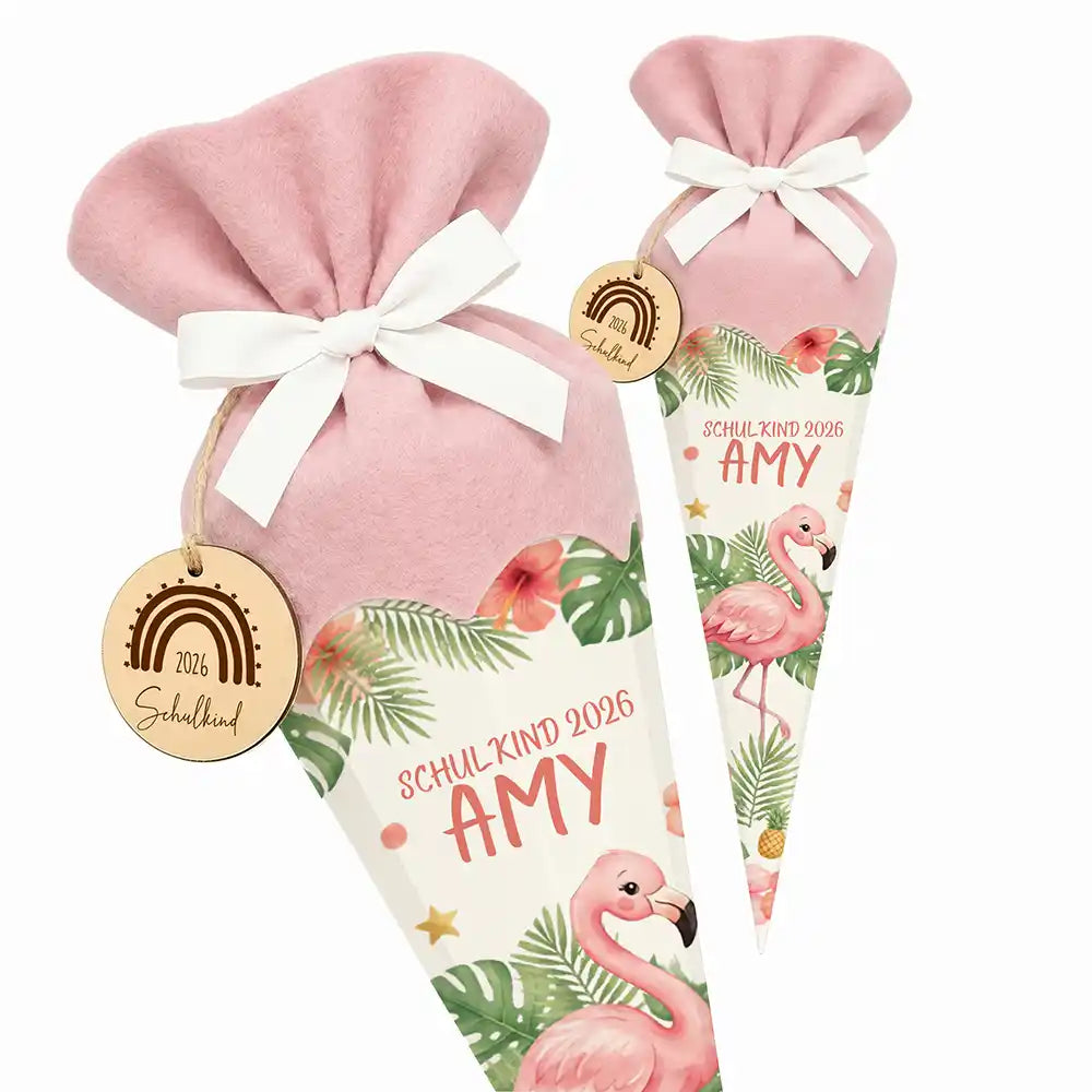 Schultüte personalisiert mit Name Flamingo Tropical – Seitenansicht mit Lasergravur-Detail
