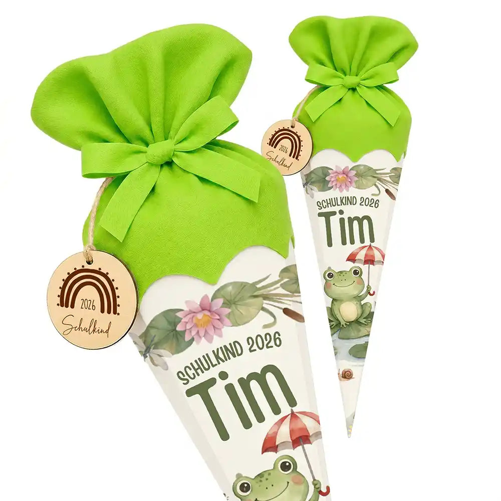 Schultüte personalisiert mit Name Frosch mit Schirm – Seitenansicht mit Lasergravur-Detail