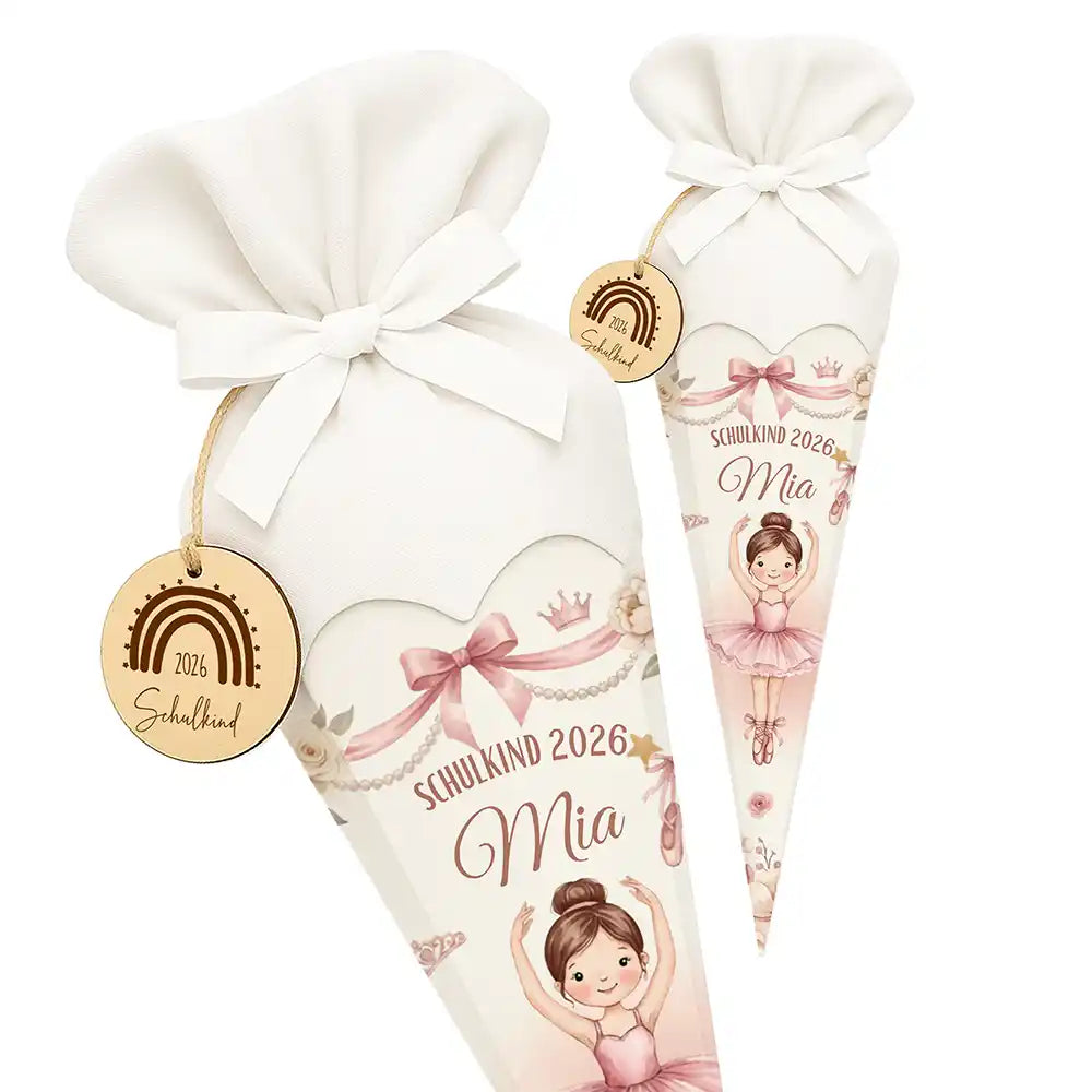 Schultüte personalisiert mit Name Ballerina mit Krone – Seitenansicht mit Lasergravur-Detail