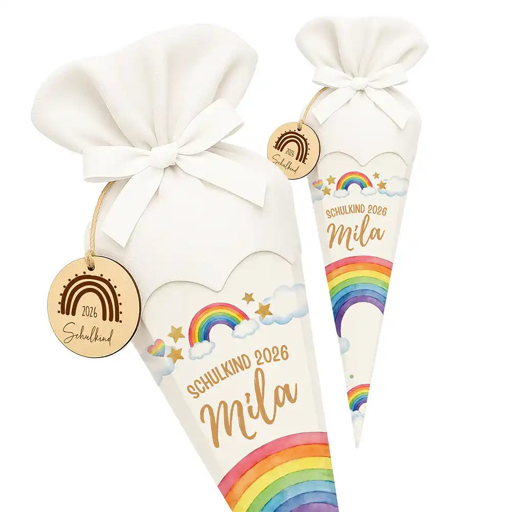 Schultüte personalisiert mit Name Regenbogen Pastell – Seitenansicht mit Lasergravur-Detail