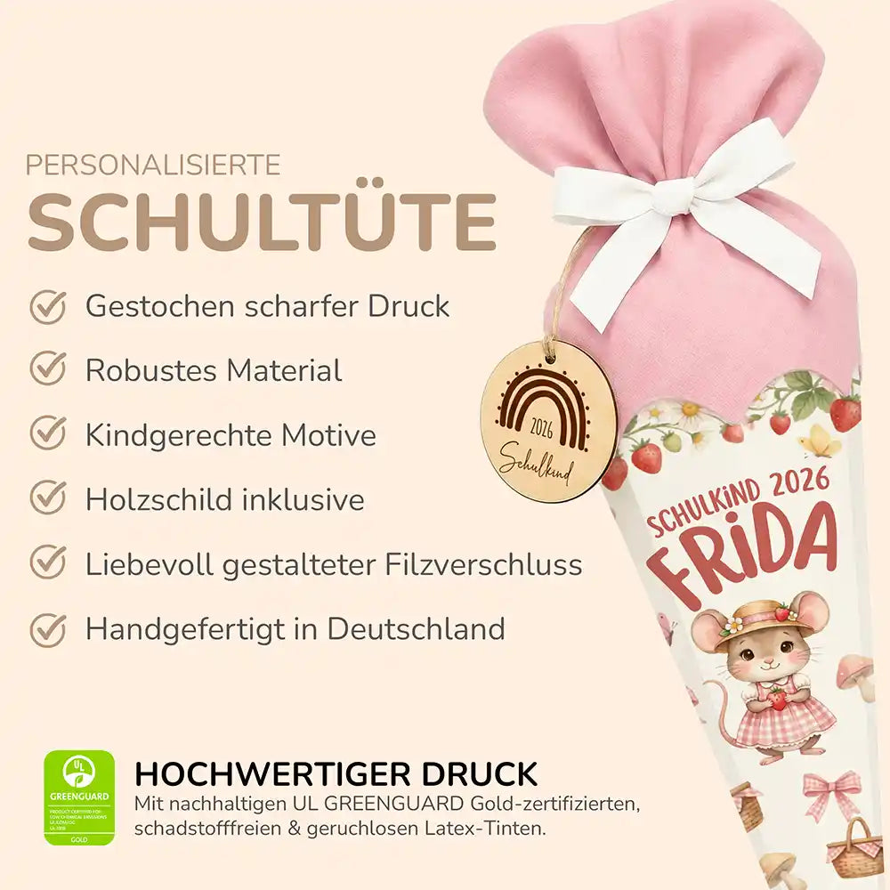 Schultüte personalisiert mit Name Maus mit Erdbeere – Produkt-Detail Maße 84×25×25 cm