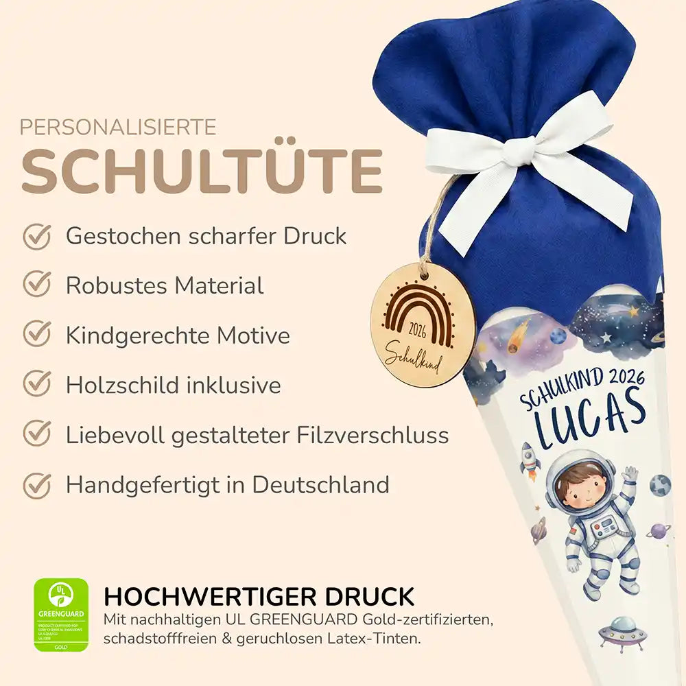 Schultüte personalisiert mit Name Astronaut Weltall – Produkt-Detail Maße 84×25×25 cm