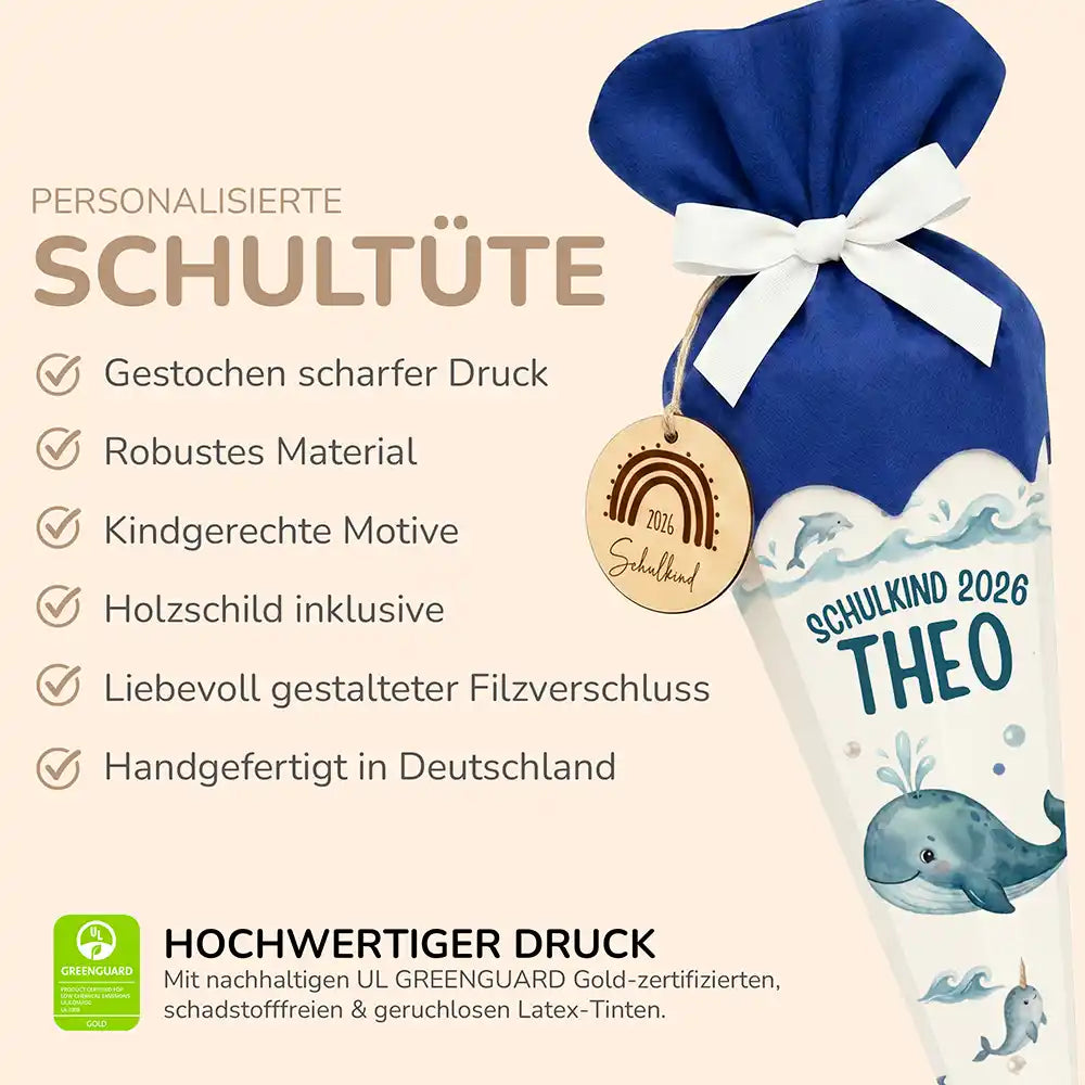 Schultüte personalisiert mit Name Wal & Narwal – Produkt-Detail Maße 84×25×25 cm