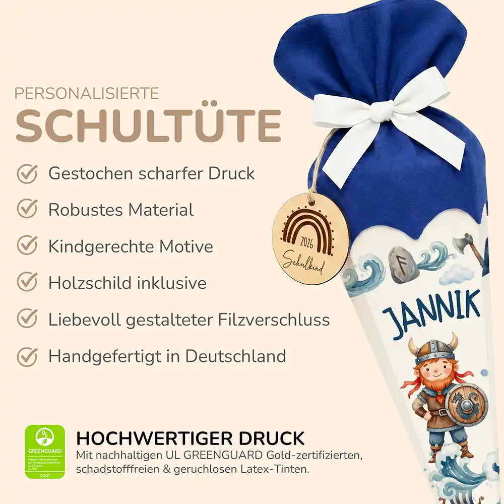 Schultüte personalisiert mit Name Wikinger – Produkt-Detail Maße 84×25×25 cm