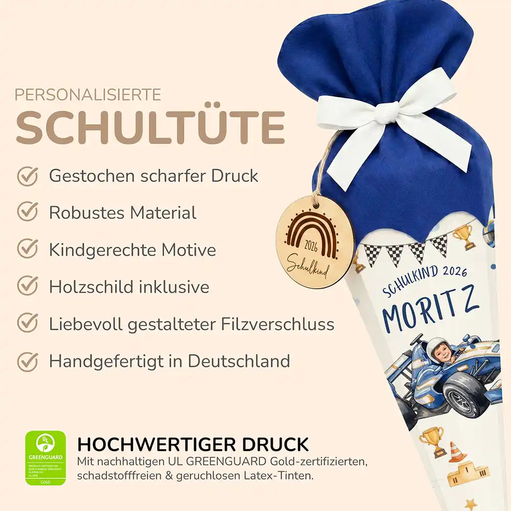 Schultüte personalisiert mit Name Rennfahrer – Produkt-Detail Maße 84×25×25 cm