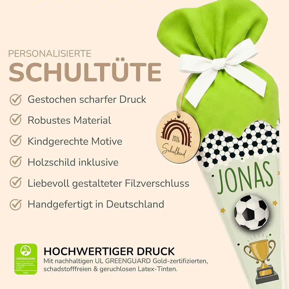 Schultüte personalisiert mit Name Fußball Pokal – Produkt-Detail Maße 84×25×25 cm