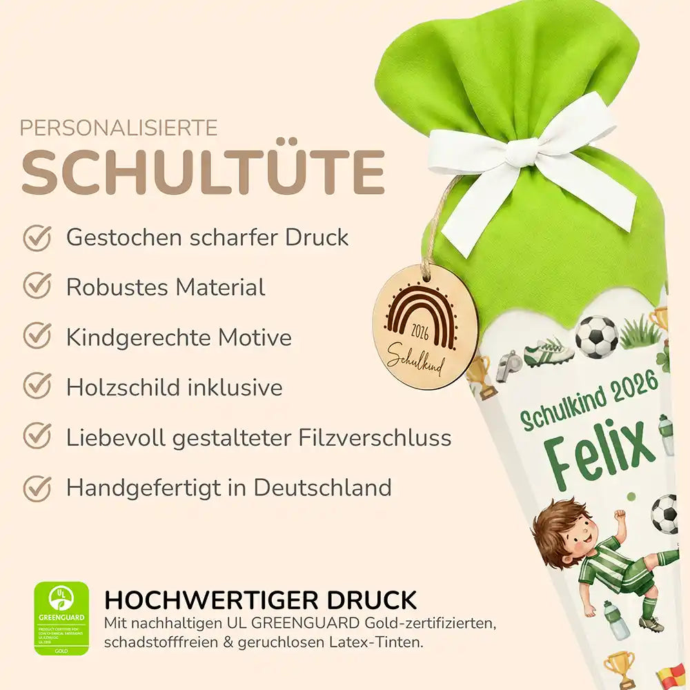 Schultüte personalisiert mit Name Fußballer Trikot – Produkt-Detail Maße 84×25×25 cm
