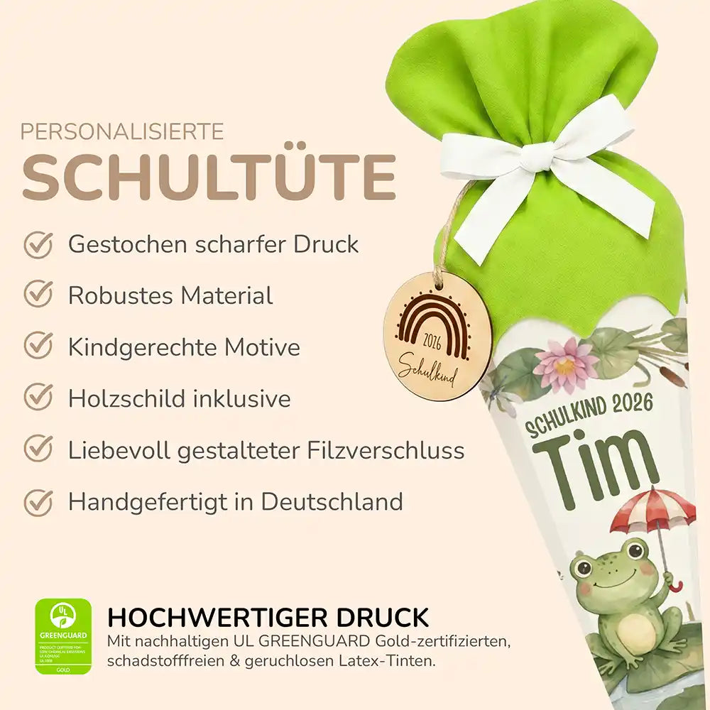 Schultüte personalisiert mit Name Frosch mit Schirm – Produkt-Detail Maße 84×25×25 cm