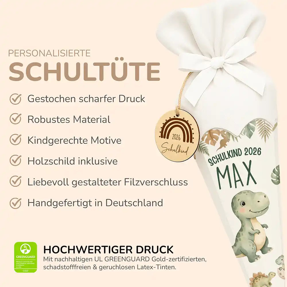 Schultüte personalisiert mit Name T-Rex Dinosaurier – Produkt-Detail Maße 84×25×25 cm