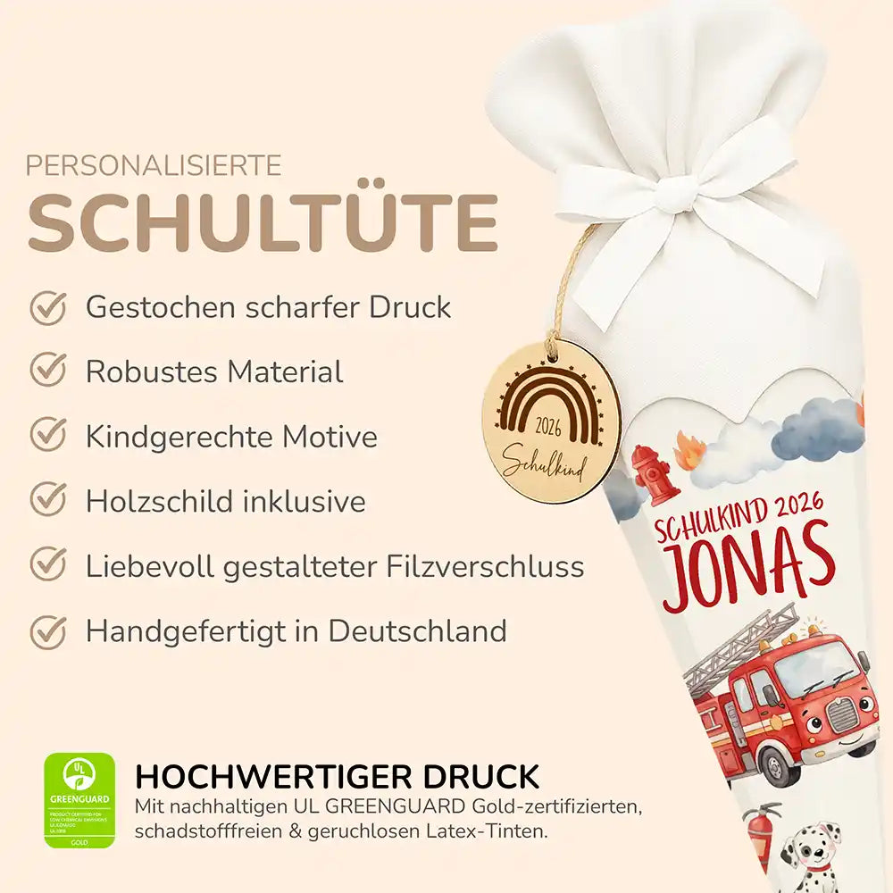 Schultüte personalisiert mit Name Feuerwehrauto – Produkt-Detail Maße 84×25×25 cm