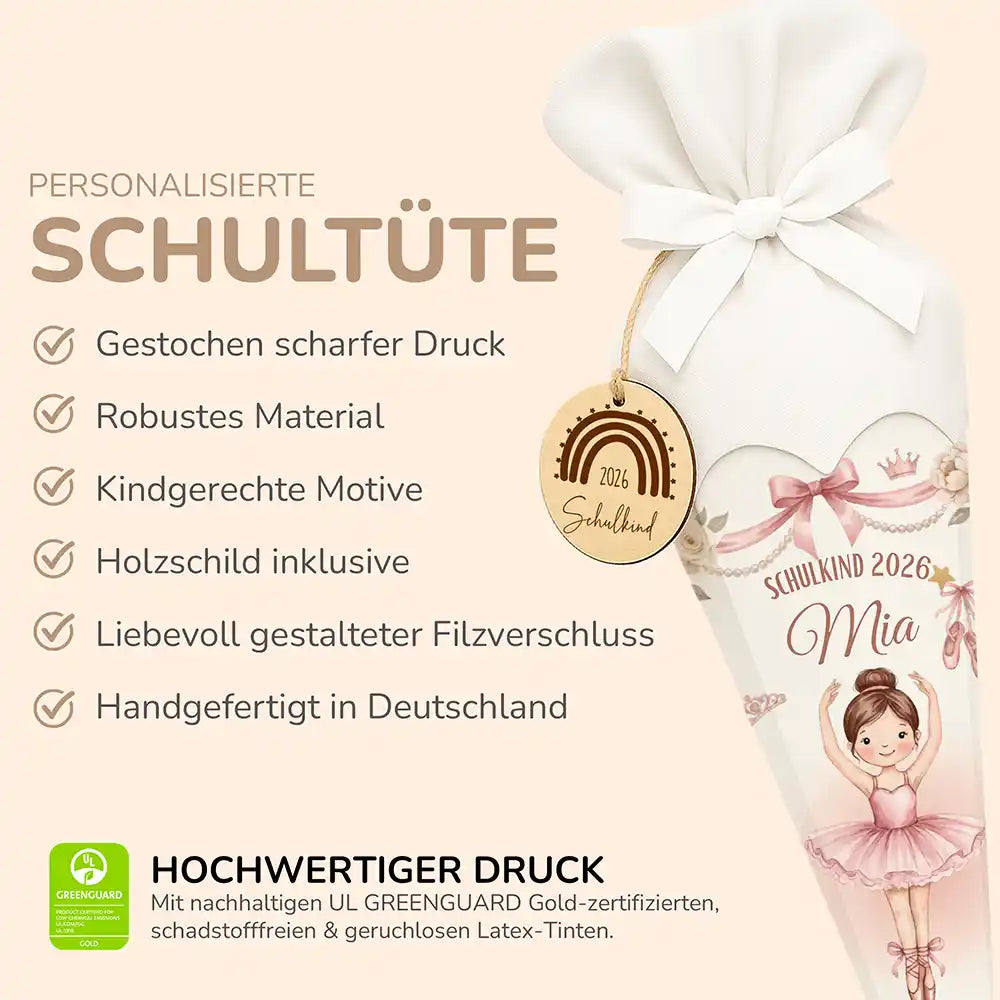 Schultüte personalisiert mit Name Ballerina mit Krone – Produkt-Detail Maße 84×25×25 cm