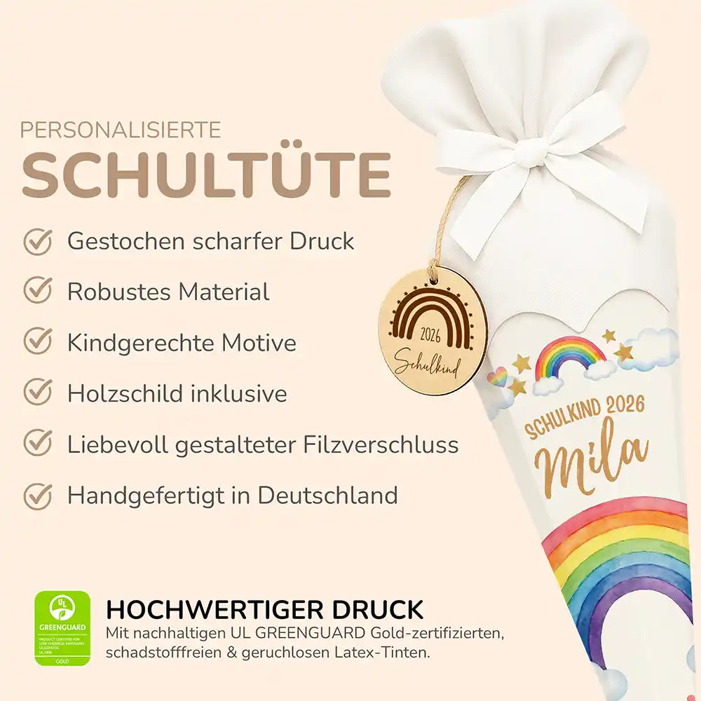 Schultüte personalisiert mit Name Regenbogen Pastell – Produkt-Detail Maße 84×25×25 cm