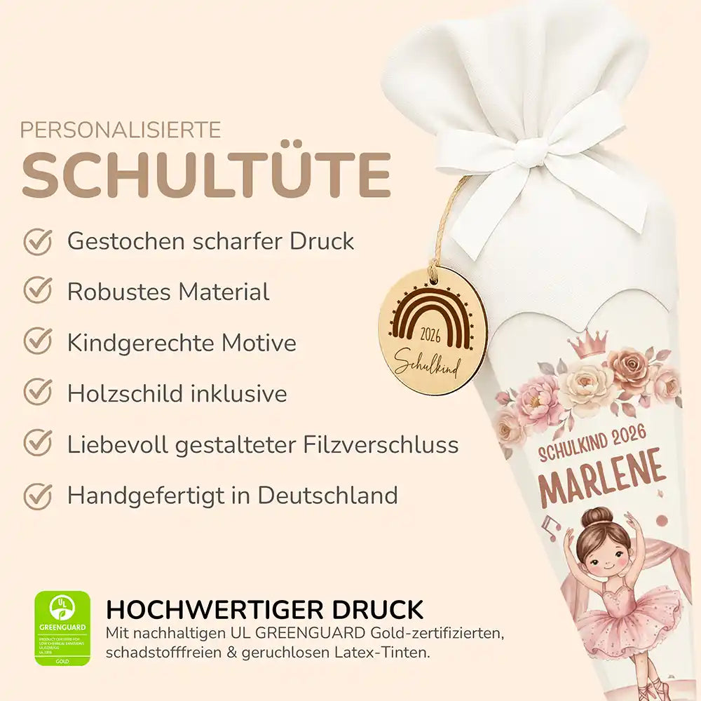Schultüte personalisiert mit Name Ballerina mit Rosen – Produkt-Detail Maße 84×25×25 cm