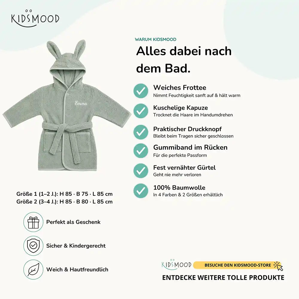 Kinderbademantel mit Namen Jollein Mintgrün, kuschelig weich, ideal nach dem Baden