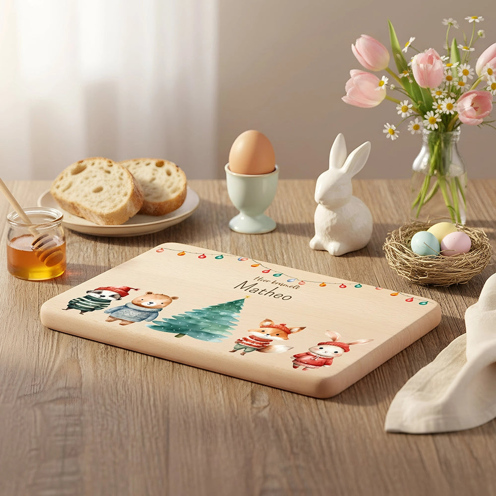 Frühstücksbrettchen Weihnachten mit Tieren und Lichterkette - Geschenk Weihnachten