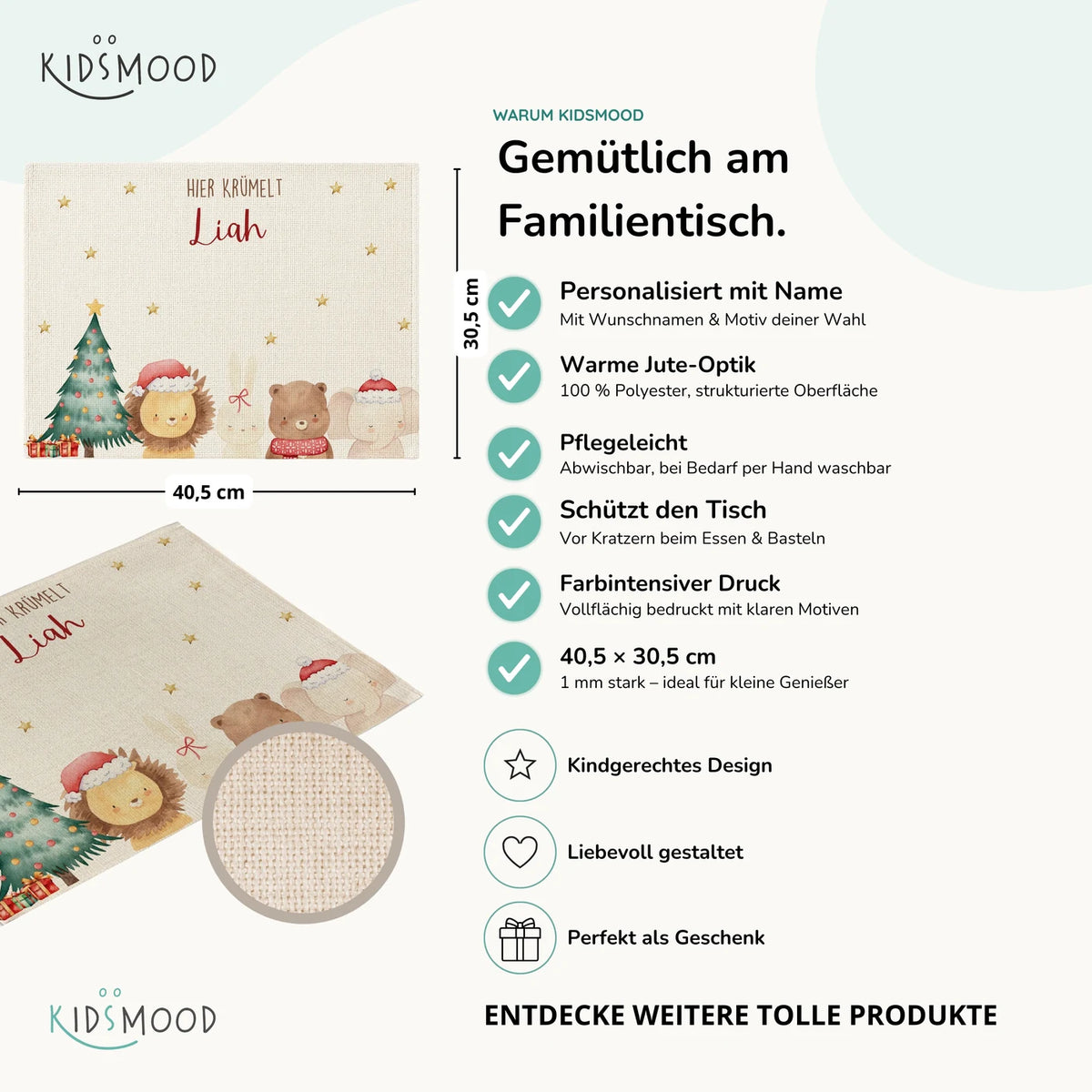 Tischset Kinder personalisiert Weihnachtsmotiv - Weihnachtswald-Tiertruppe