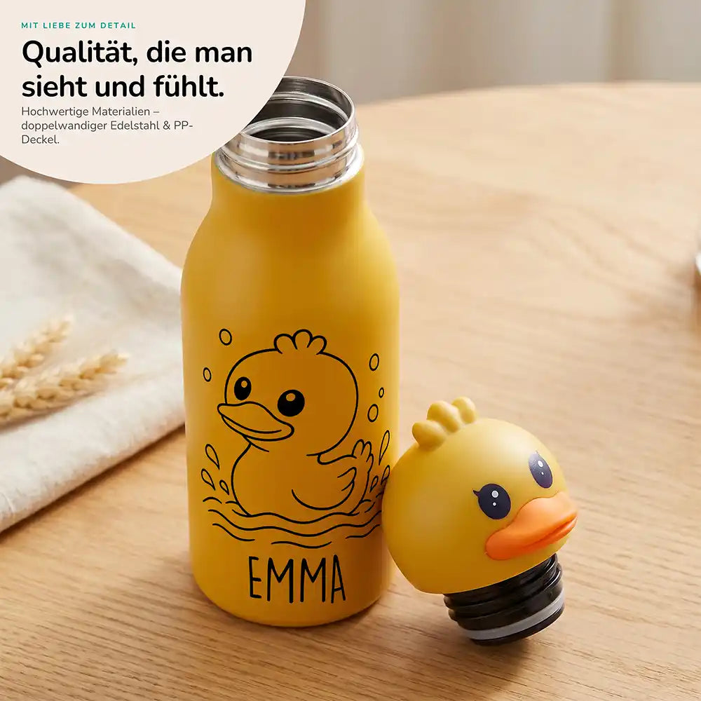 Personalisierte Trinkflasche Kinder Ente, doppelwandiger Edelstahl, Hauptbild mit Wunschname