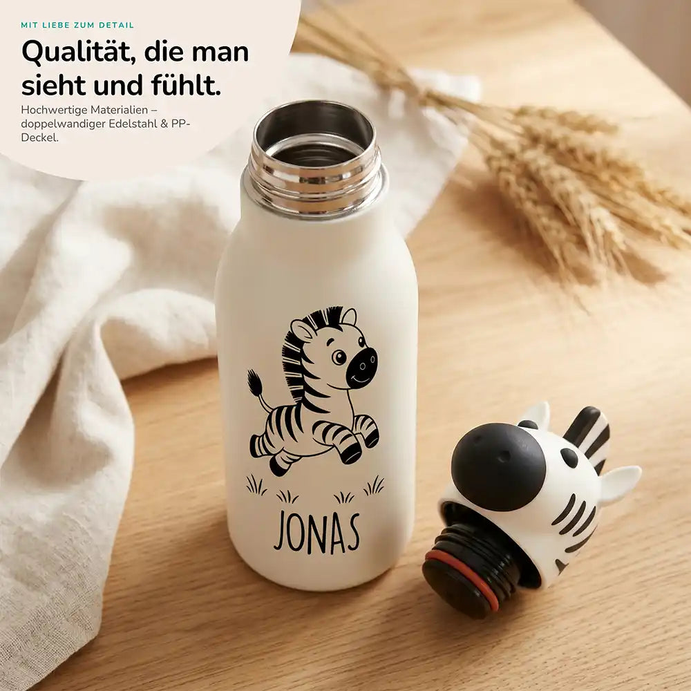 Personalisierte Trinkflasche Kinder Zebra, doppelwandiger Edelstahl, Hauptbild mit Wunschname