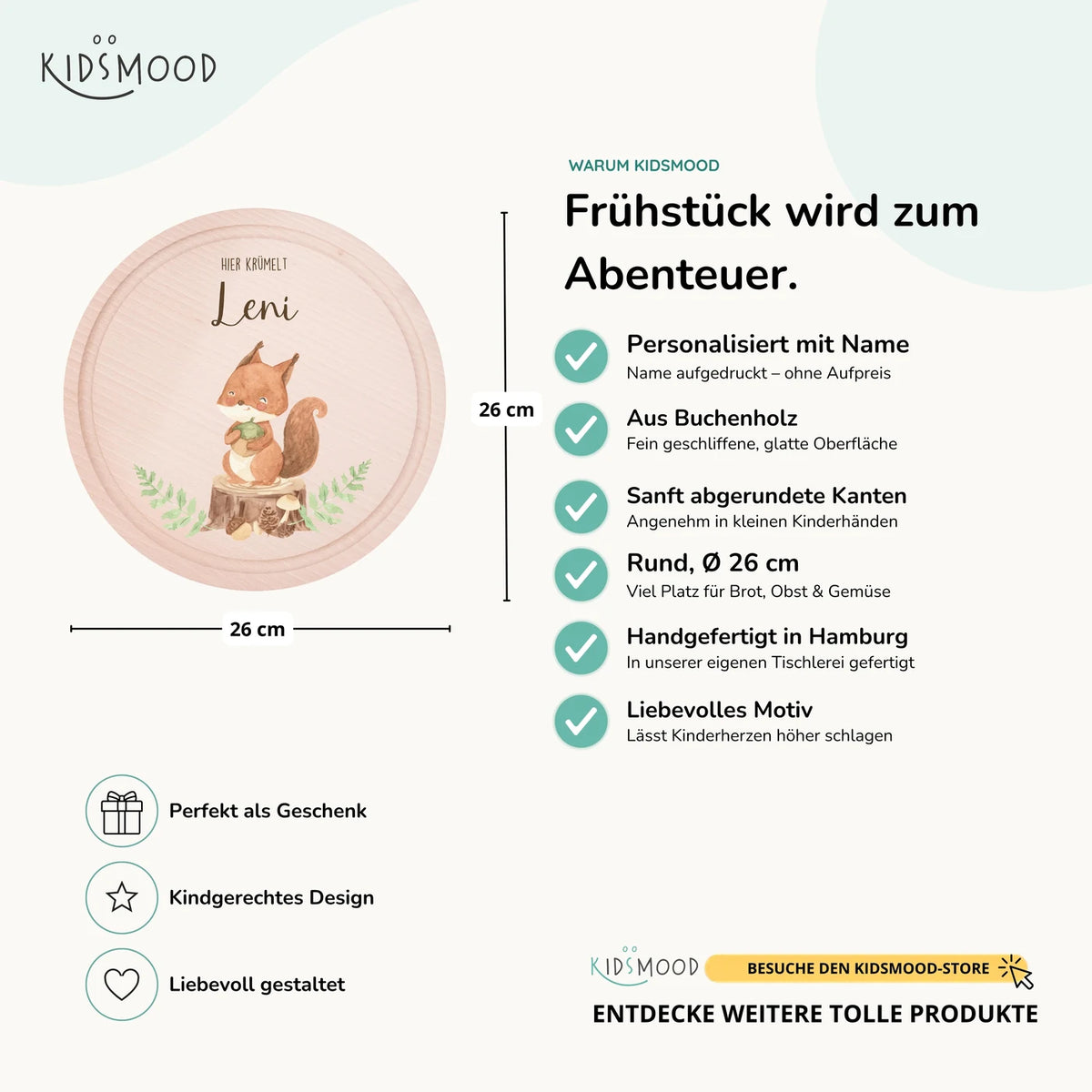 Rundes personalisiertes Frühstücksbrettchen Eichhörnchen mit Namen für Kinder
