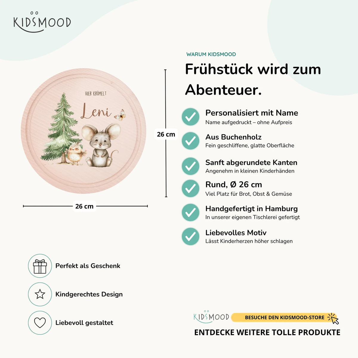 Rundes personalisiertes Frühstücksbrettchen Springmaus mit Namen für Kinder