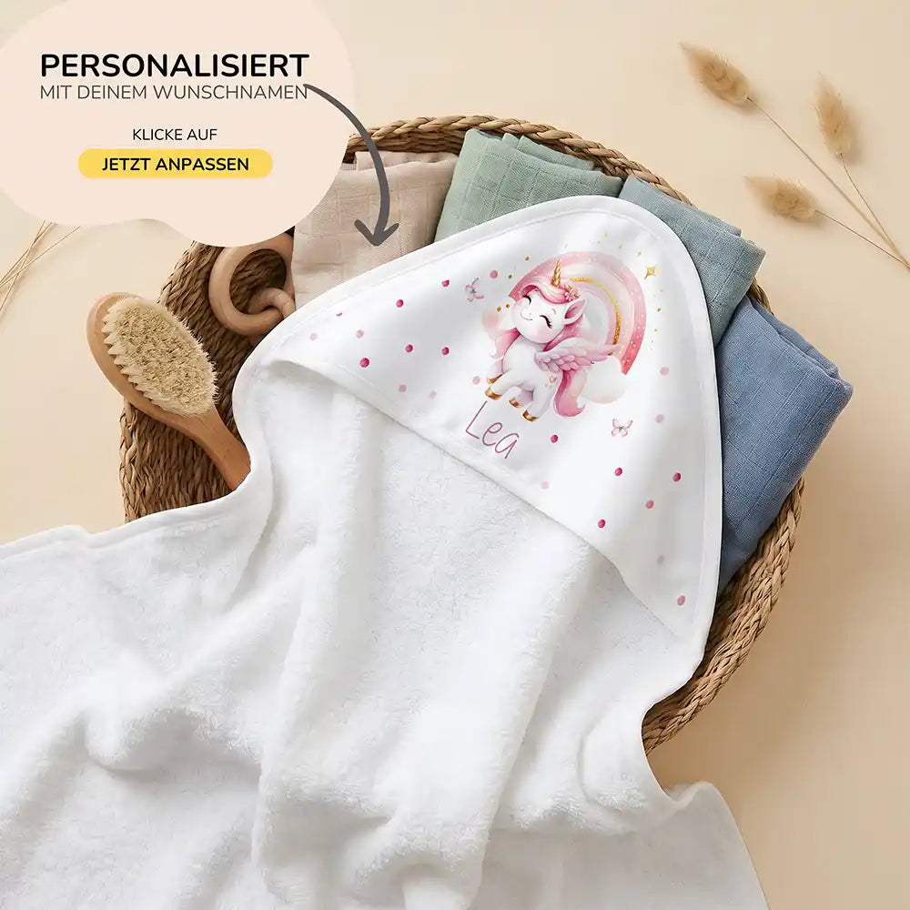 Personalisiertes Kapuzenhandtuch Baby Einhorn Rosa – 80×80 cm Frottee mit Wunschname