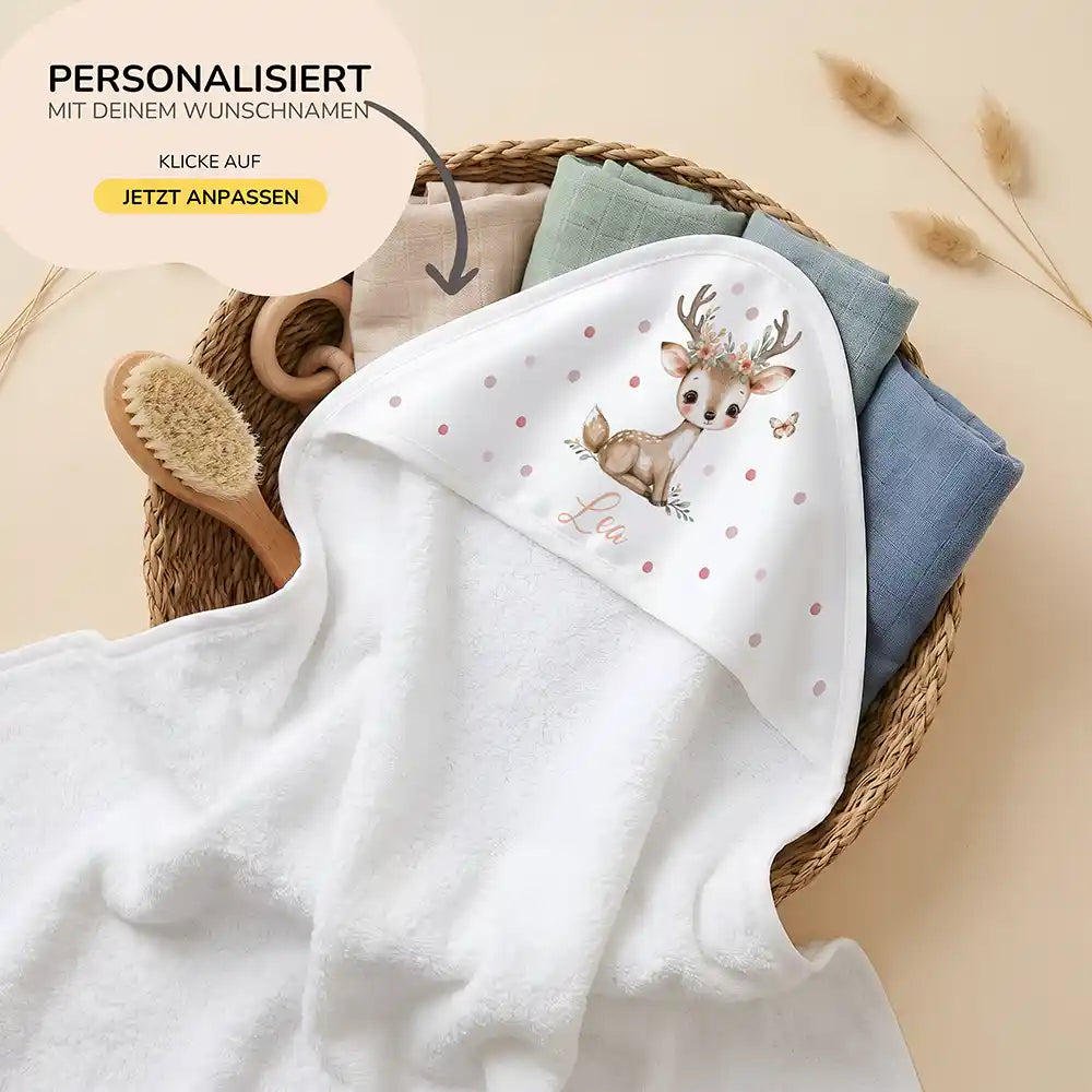 Personalisiertes Kapuzenhandtuch Baby Rehbock Blütenkranz – 80×80 cm Frottee mit Wunschname