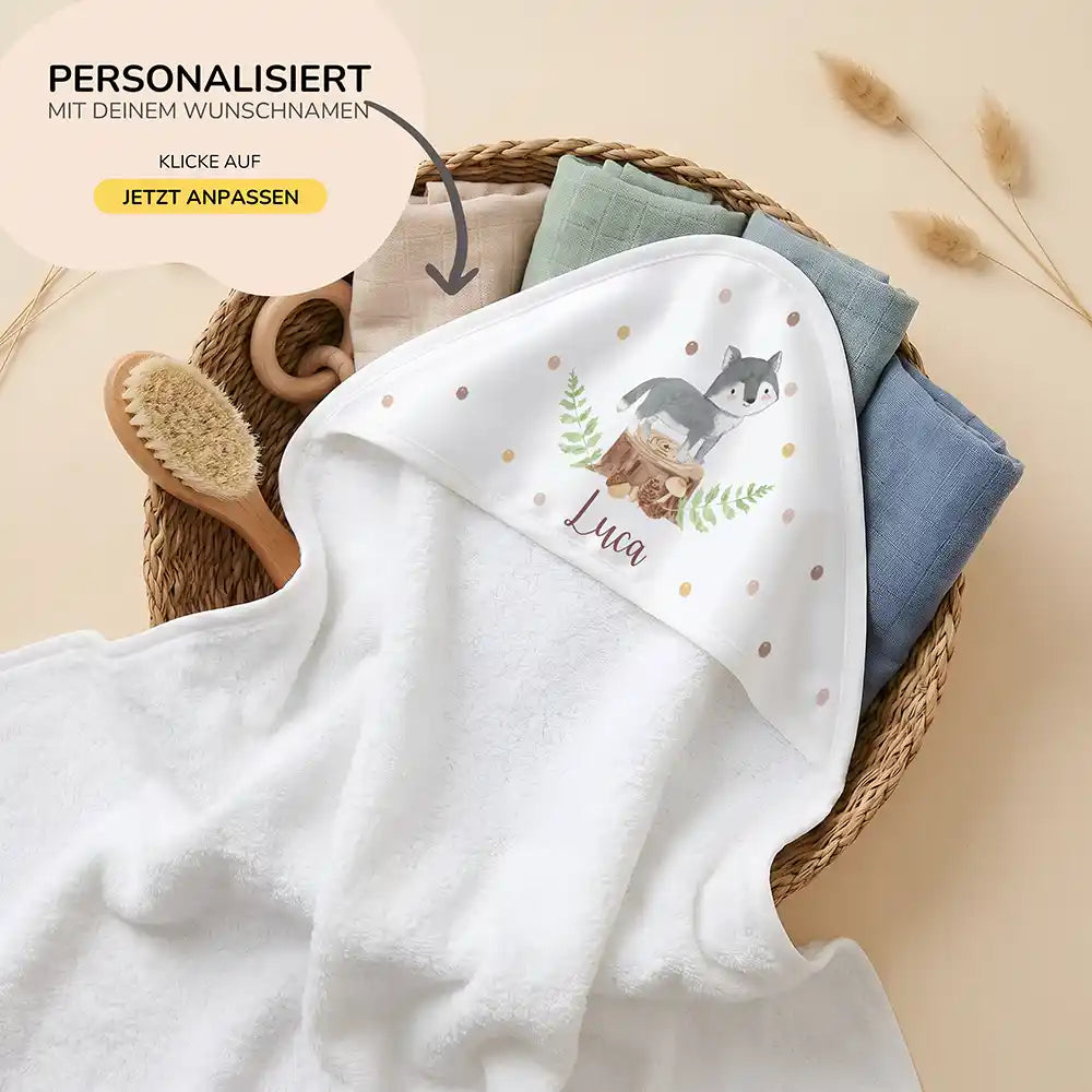 Personalisiertes Kapuzenhandtuch Baby Wolf Wald – 80×80 cm Frottee mit Wunschname