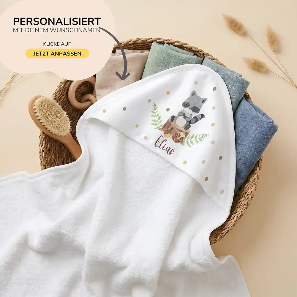 Personalisiertes Kapuzenhandtuch Baby Waschbär Wald – 80×80 cm Frottee mit Wunschname