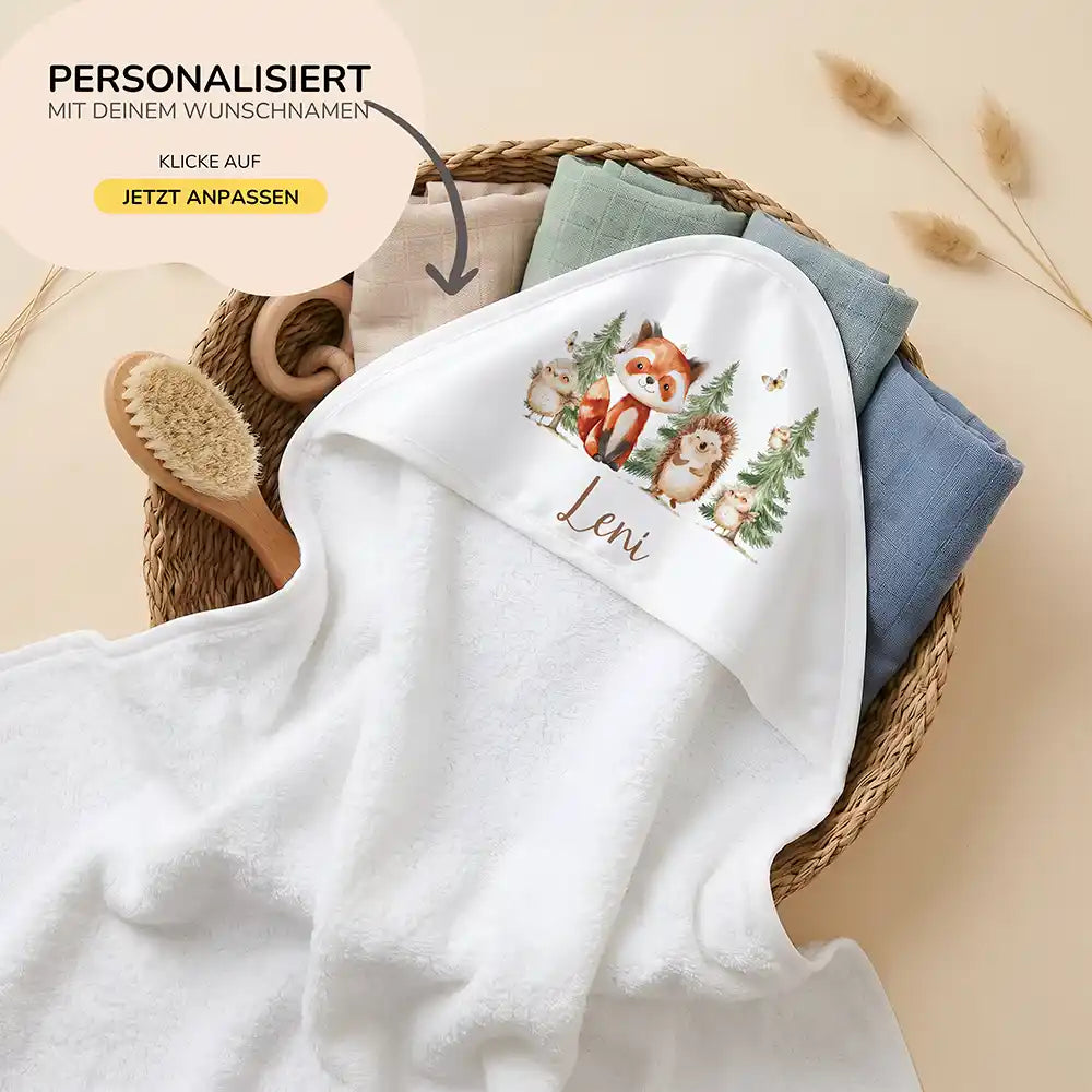 Personalisiertes Kapuzenhandtuch Baby Waldfreunde Tannen – 80×80 cm Frottee mit Wunschname