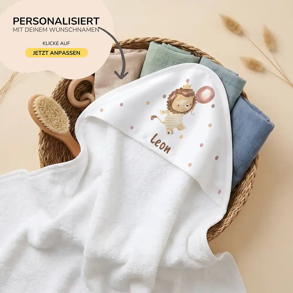 Personalisiertes Kapuzenhandtuch Baby Löwe Geburtstag – 80×80 cm Frottee mit Wunschname