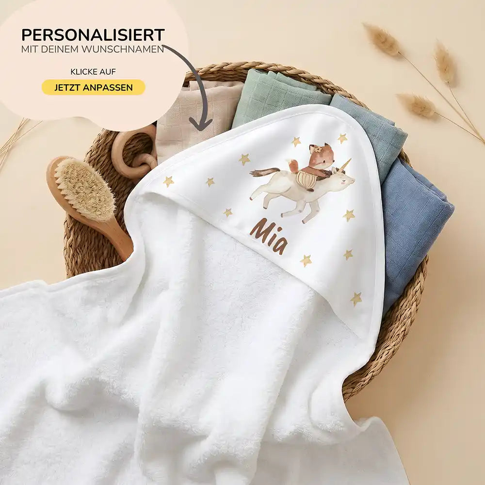 Personalisiertes Kapuzenhandtuch Baby Einhorn Reiterin – 80×80 cm Frottee mit Wunschname