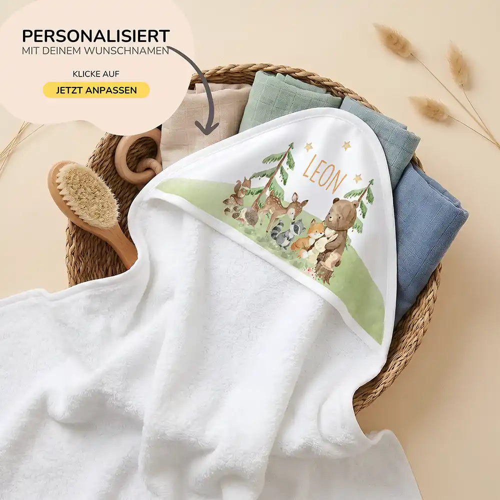 Personalisiertes Kapuzenhandtuch Baby Waldfest – 80×80 cm Frottee mit Wunschname