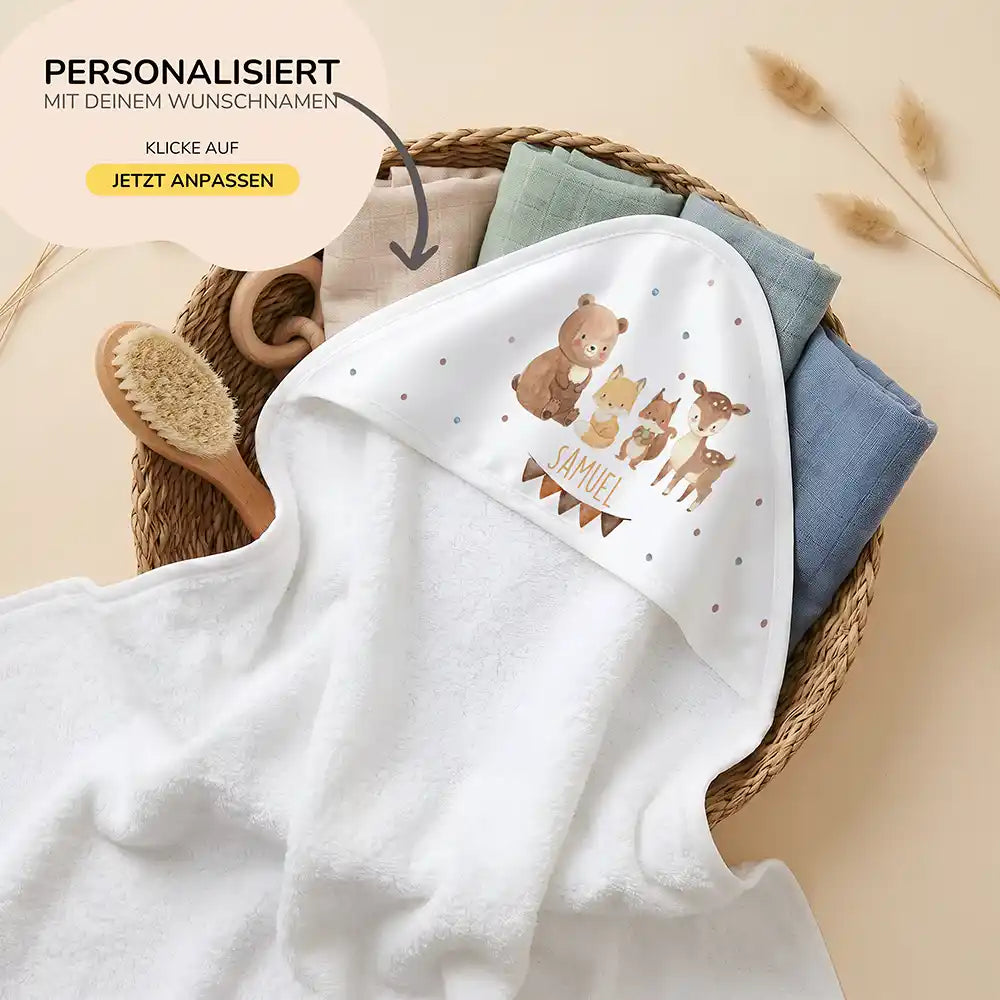Personalisiertes Kapuzenhandtuch Baby Waldtiere Wimpel – 80×80 cm Frottee mit Wunschname