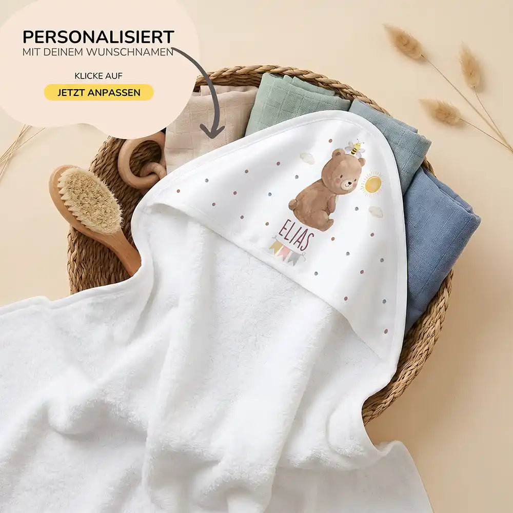 Personalisiertes Kapuzenhandtuch Baby Bär Sonne – 80×80 cm Frottee mit Wunschname