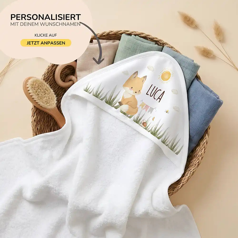 Personalisiertes Kapuzenhandtuch Baby Fuchs Wiese – 80×80 cm Frottee mit Wunschname