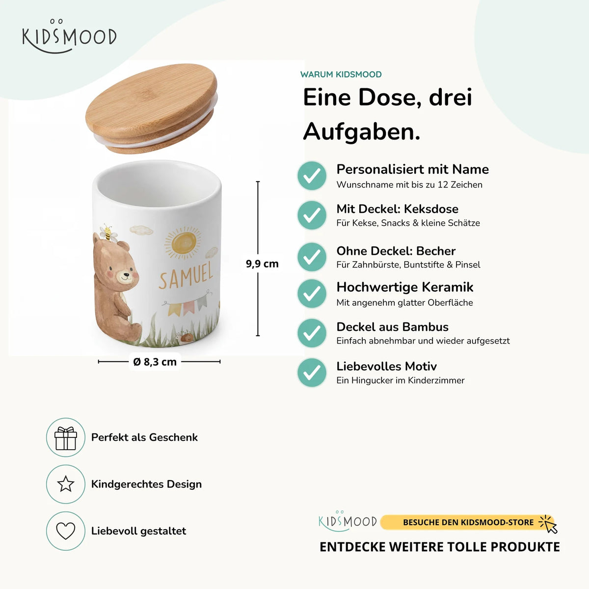 Personalisierte Keksdose Bär Sommer – Keramik & Bambus mit Wunschname