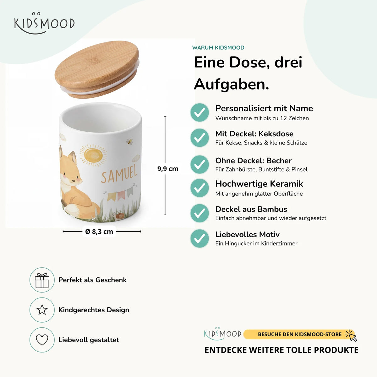 Personalisierte Keksdose Fuchs Sommer – Keramik & Bambus mit Wunschname